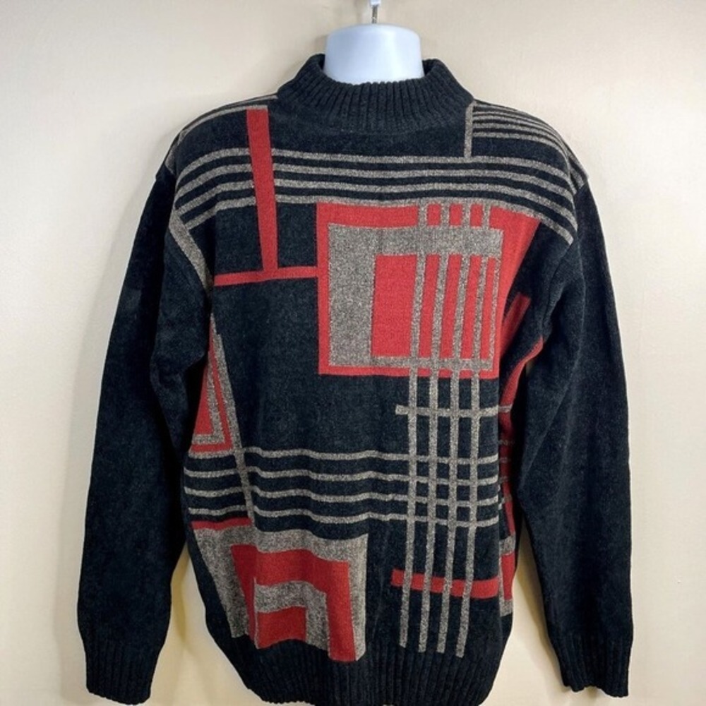 Vintage 90s Chenille Mock Neck Sweater Mens Medium Retro Cozy Geometric Comfy